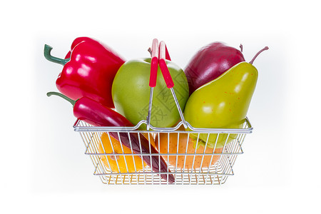 购物篮子满的蔬菜和水果白种图片