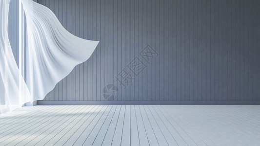白色布幕窗帘被海风吹响深灰色木壁和白木板地所吹图片