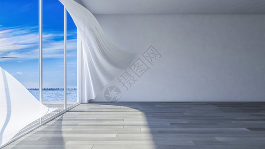 海边房间i的3ds渲染图像被海风吹起的白色织物窗帘木地板和开图片