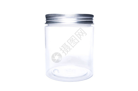 新的透明塑料罐或接收者其铝盖在白色图片