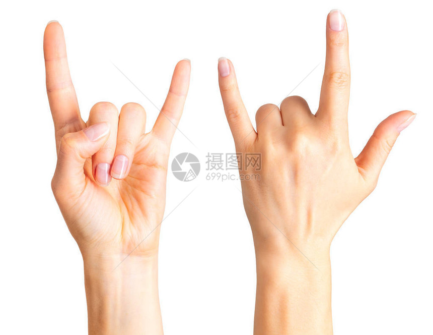 一群女手握着摇滚乐标志或魔鬼角的手势图片