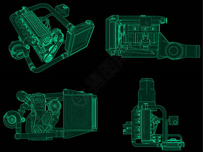 四驱赛车为一辆运动车设置四气缸高能引擎涡轮充电黑色背景的绿色荧光设计图片