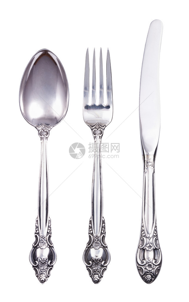 用叉刀和勺子在白色上隔离的复古餐具图片