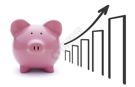 白背景的粉红猪银行和箭头图表显示进步与增长情况图片