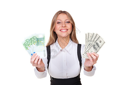 成功的年轻女商人拥有钱财和微笑孤立图片