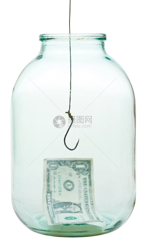 一美元钞票在罐子和鱼钩底部孤图片