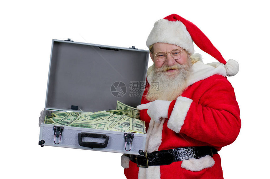 拿着公文包的愉快的圣诞老人画象用美元图片