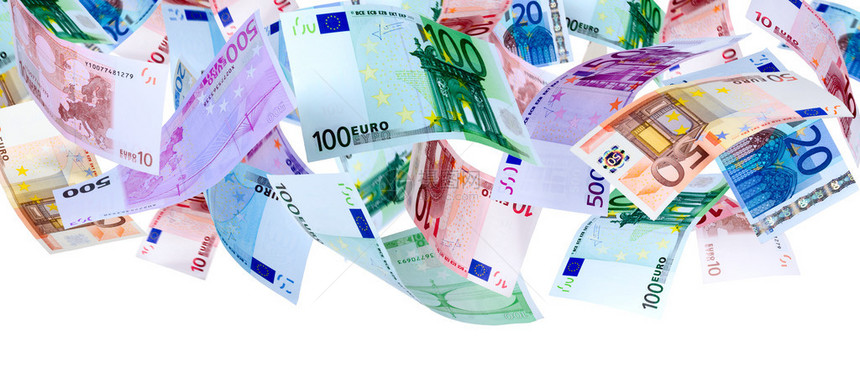 被孤立在白纸上的欧元钞票图片