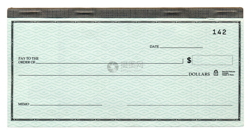 一张空白的银行支票附在支票簿上图片