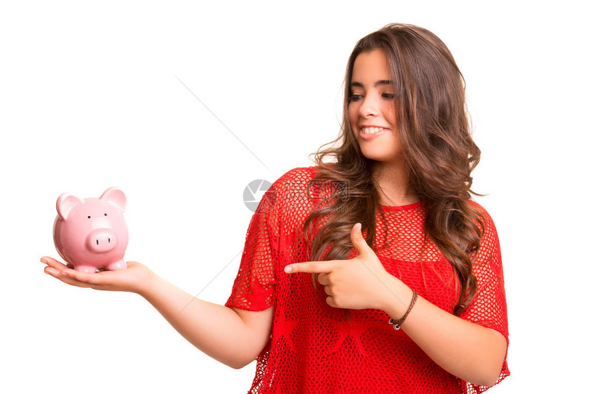 年轻女介绍小猪银行钱箱图片
