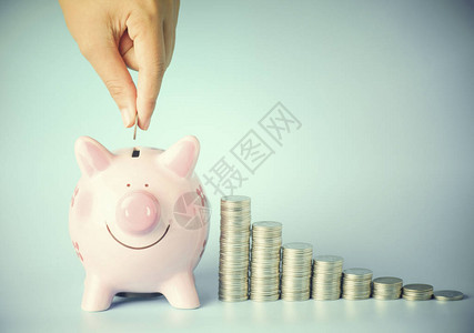 笔钱放在小猪银行粉色和蓝底增长概念储蓄和企业投资的背景图片