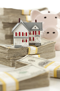 小房子和小猪银行带着百元钞票在白色背图片
