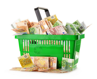 购物篮中含有欧元钞票的货币构成欧洲联盟货币图片