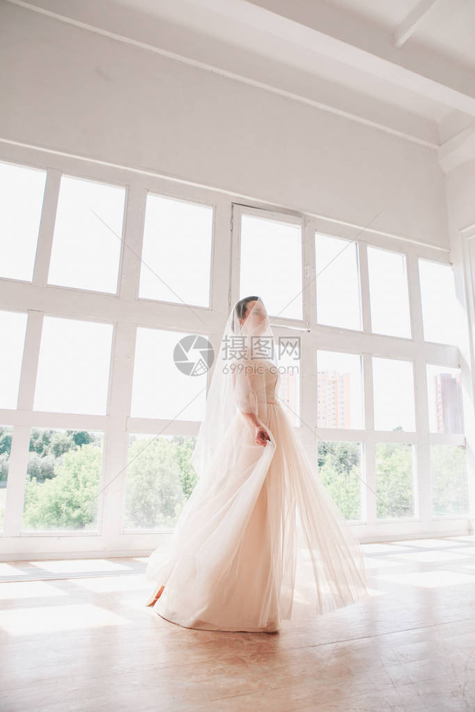 美丽的新娘室内的画像时尚新娘女孩穿着华丽的婚纱在工作室幸福的新娘带着图片