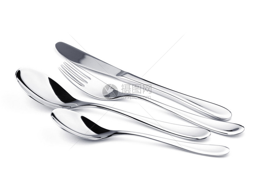 银器套装叉子刀子和两个勺子在白图片