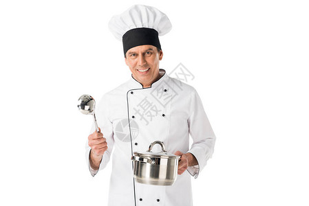 身穿制服的厨师和用白衣隔开的手高清图片
