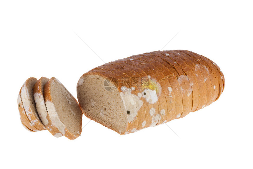 发霉的切片面包在白色背景图片