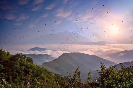 老挝北部山区谷底部的浓云背景图片