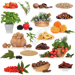 健康的食物收集新鲜和干果坚果草药香料和加料图片
