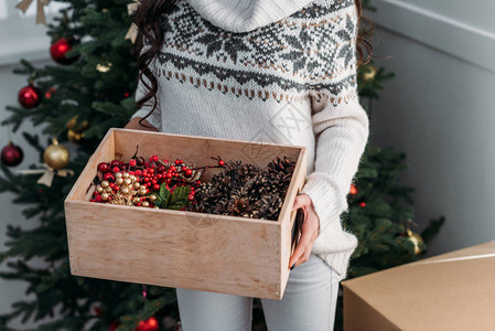 带一盒自然圣诞节装饰品图片