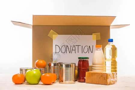 用纸板盒和捐赠牌子不同食物背景图片