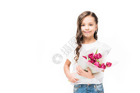 拿着郁金香花束的小女孩图片