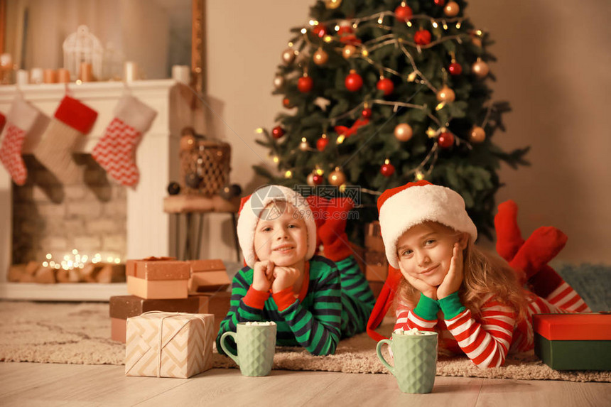 在圣诞节前夕家里带杯热巧克力给可图片