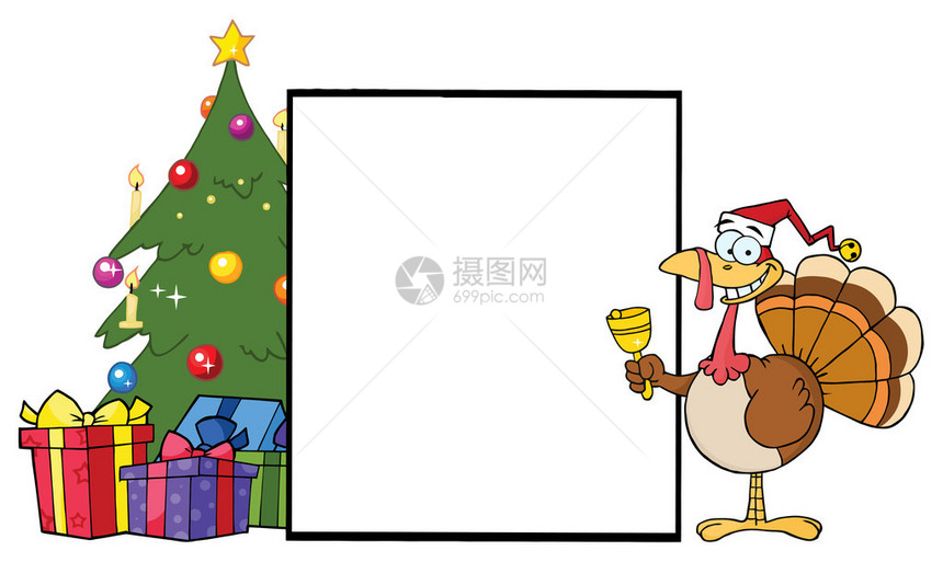 土耳其卡通字符铃响带圣诞树的空牌标展图片