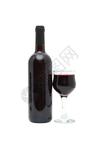 白色背景的葡萄酒杯附近的一瓶红酒图片