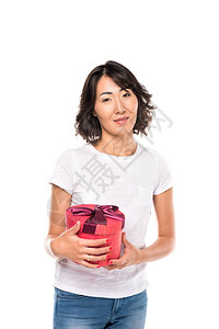 美丽的亚洲女人带红色礼物盒图片