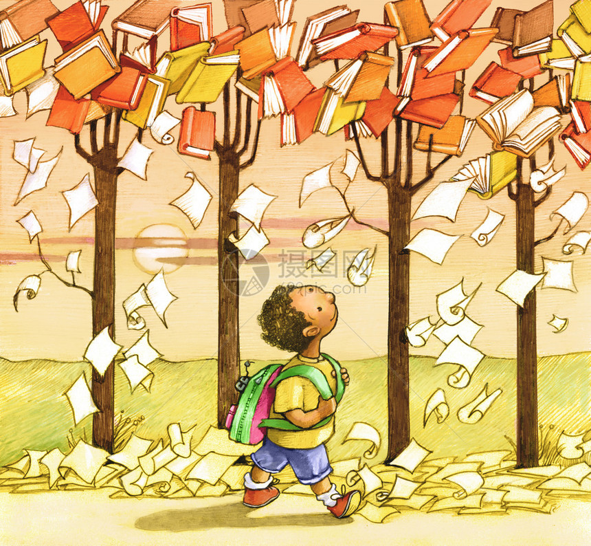 一名儿童走向学校和满书页的树木上图片