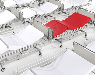 红色医院床位在许多白色床位中图片