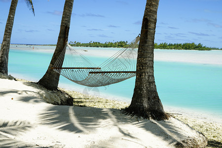 热带岛屿上两棵棕榈树之间的空吊床图片