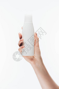 妇女用白色孤立的空瓶乳背景图片
