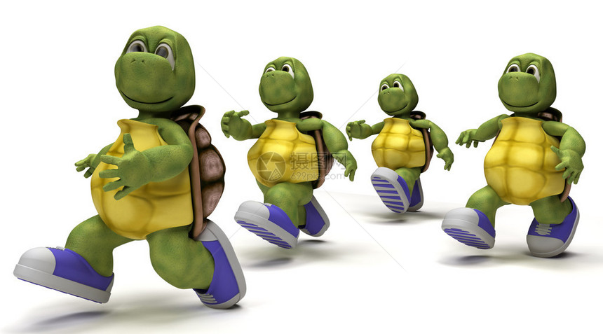 穿着运动鞋奔跑的乌龟的3D渲染图片