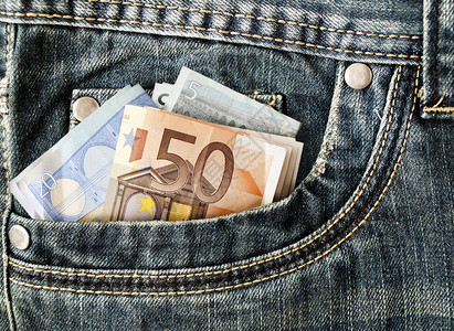 口袋里的钞票牛仔裤里的欧元牛仔裤口袋图片