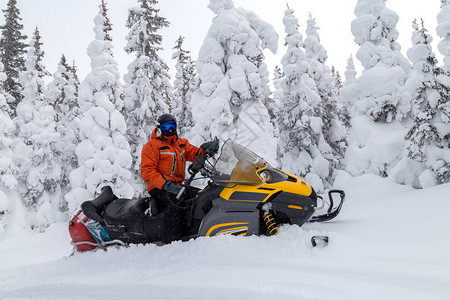 骑着雪地摩托的运动员在南乌拉尔山脉的冬季森林图片