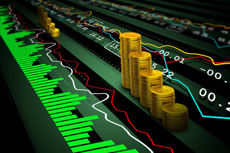 金币的数字插图与金融股市数据图片