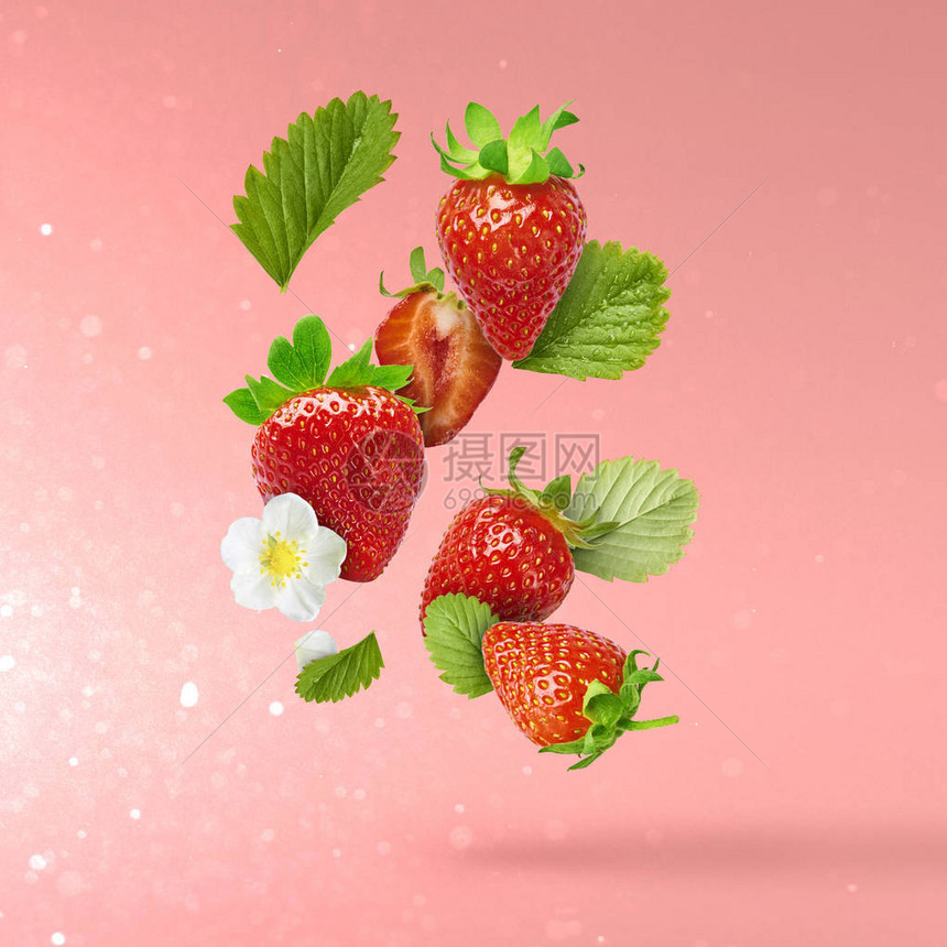 飞行新鲜美味成熟草莓与绿叶在浅粉色背景食品悬浮概念创意食物布局图片