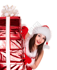 圣诞女郎戴着圣塔帽带着红礼图片