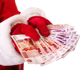 圣诞老人手拿着钱俄罗斯卢布图片