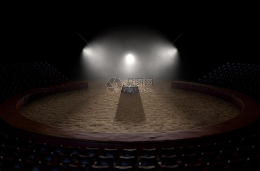 一个经典马戏场的A3D变形和一个空环技师讲台在黑暗的情调背景上由戏图片