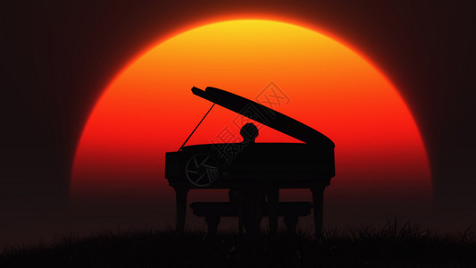 音乐家在日落的天空背景下弹钢琴的轮廓这是一个3图片