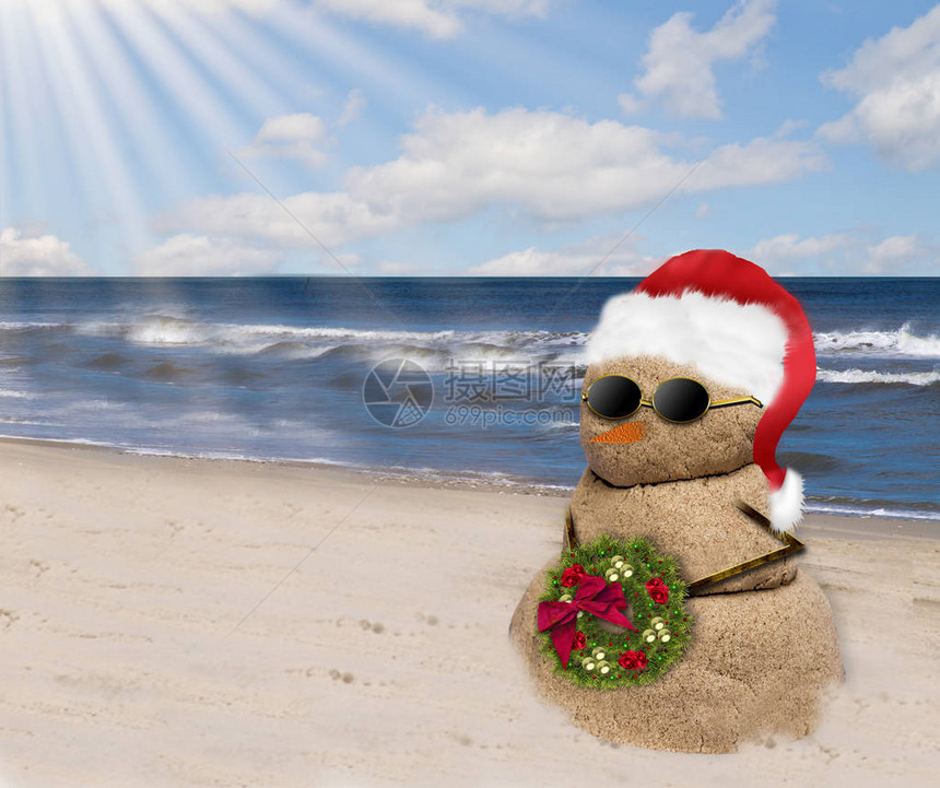 雪人穿着圣塔帽在海滩上露出令人发指的景象当他拿着圣诞花圈和戴太阳眼镜时图片