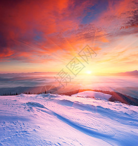 冬季风景与日落乌克兰图片
