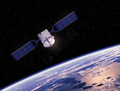通信空间卫星绕地球运行3D场景图片