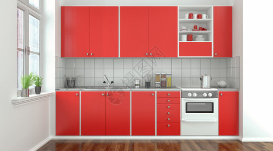 可伸缩餐桌红色现代厨房的3D渲染设计图片