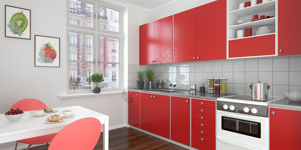 饭厅水果墙画红色现代厨房的3D渲染设计图片