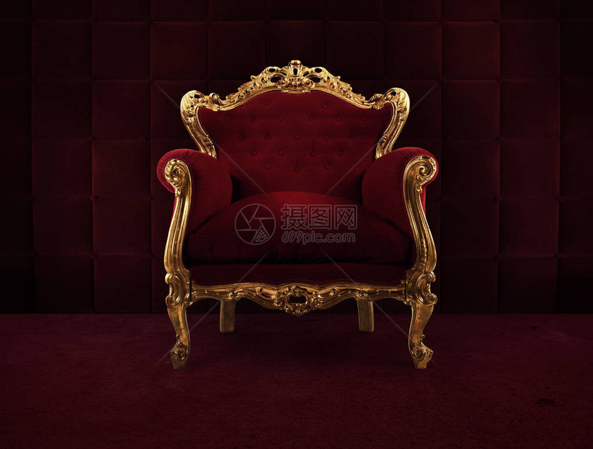 奢侈和成功的理念将红色天鹅绒和金臂椅装图片