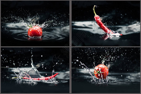 与西红柿和辣椒在水中溅起的拼贴画图片
